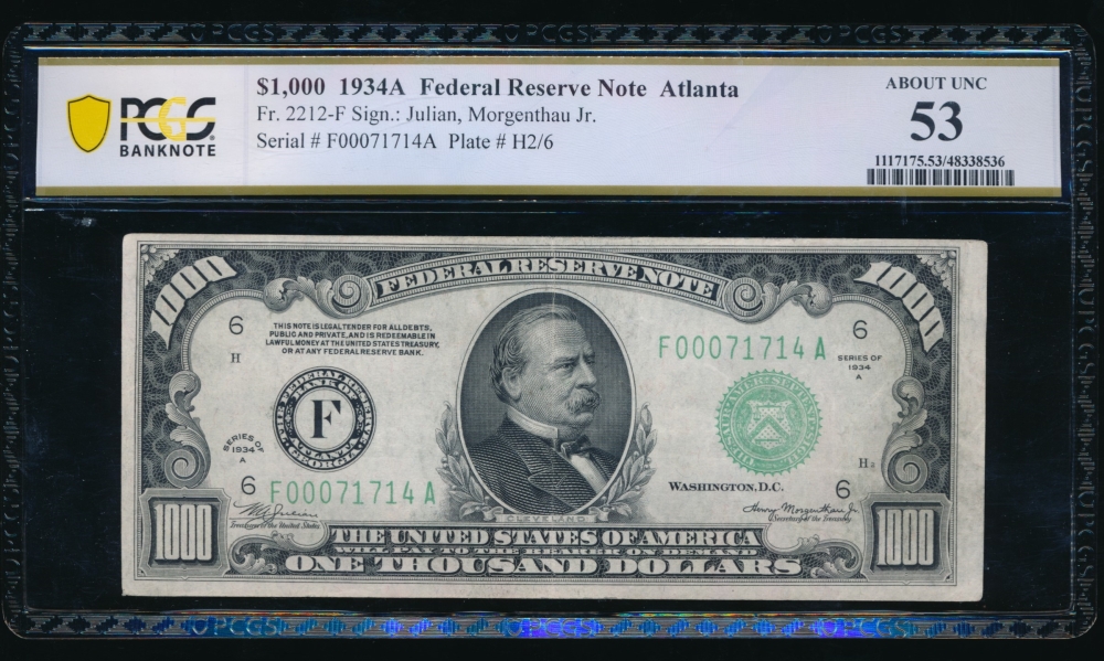 Fr. 2212-F 1934A $1,000  Federal Reserve Note Atlanta PCGS 53 F00071714A