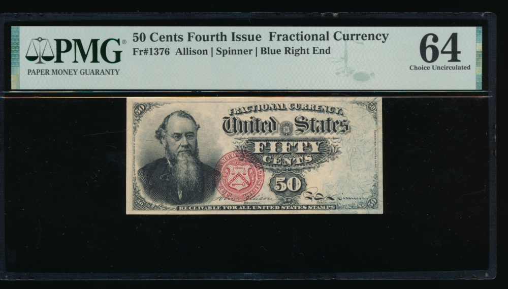 Fr. 1376 1869 $0.50  Fractional Fourth Issue: Blue Right End PMG 64 comment no serial number