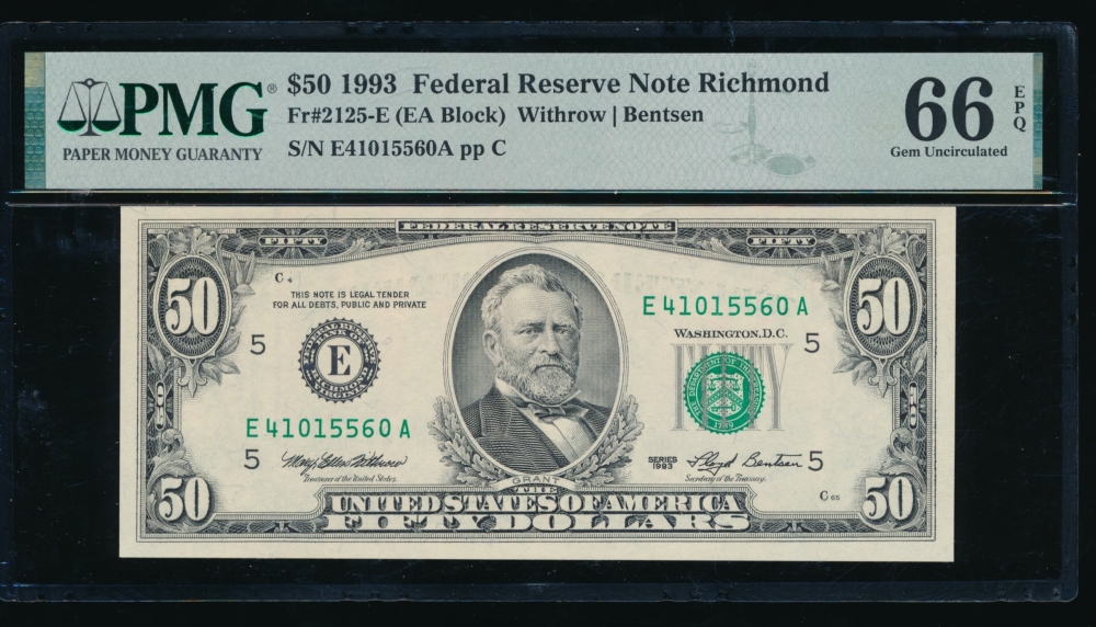Fr. 2125-E 1993 $50  Federal Reserve Note Richmond PMG 66EPQ E41015560A