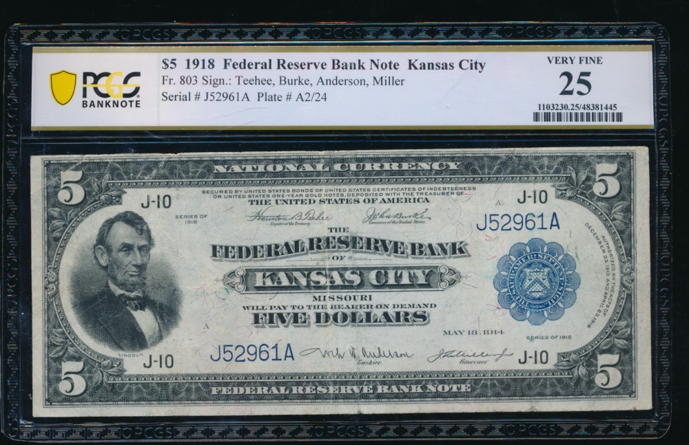 Fr. 803 1918 $5  FRBN Kansas City PCGS 25 J52961A