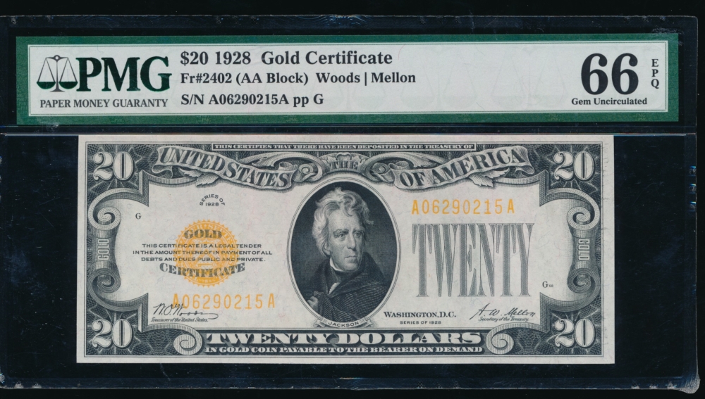 Fr. 2402 1928 $20  Gold Certificate  PMG 66EPQ A06290215A