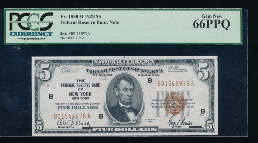Fr. 1850-B 1929 $5  FRBN New York PCGS-C 66PPQ B01545976A