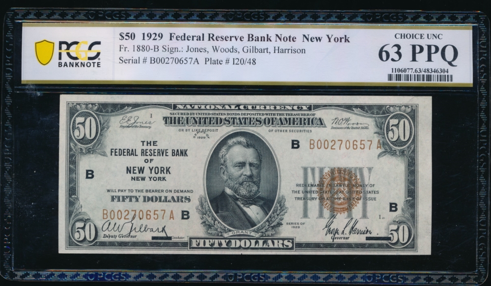 Fr. 1880-B 1929 $50  FRBN New York PCGS 63PPQ B00270657A