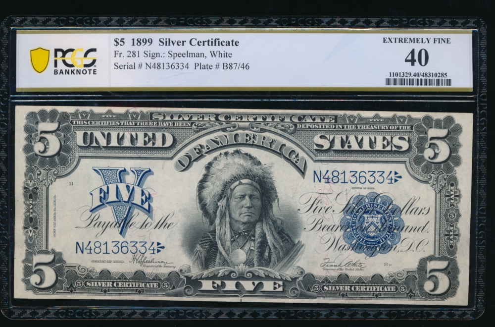 Fr. 281 1899 $5  Silver Certificate  PCGS 40 N48136334