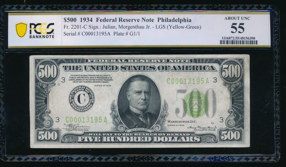 Fr. 2201-C 1934 $500  Federal Reserve Note Philadelphia LGS PCGS 55 comment C00013195A