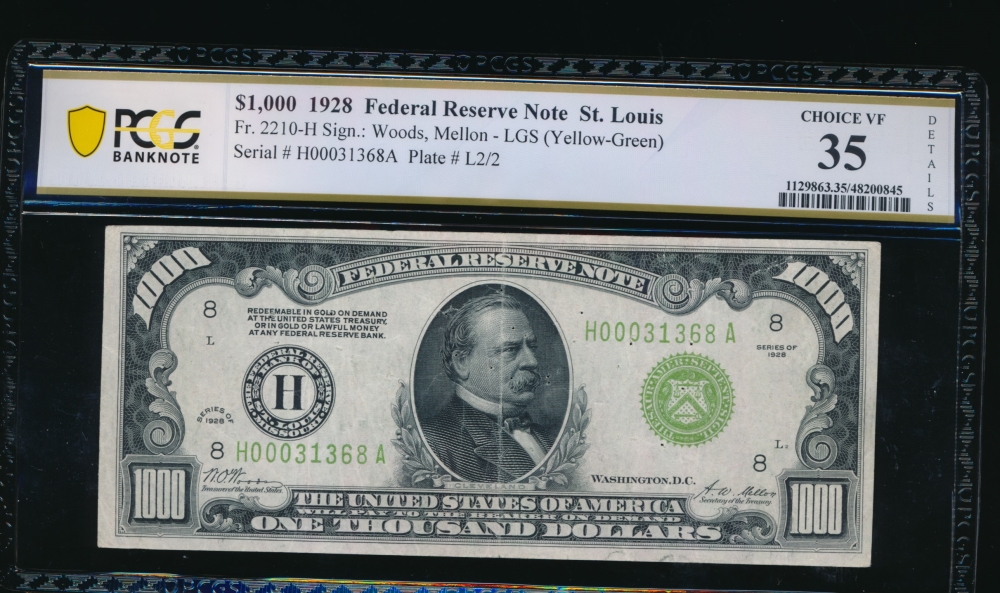 Fr. 2210-H 1928 $1,000  Federal Reserve Note Saint Louis LGS PCGS 35 details H00031368A
