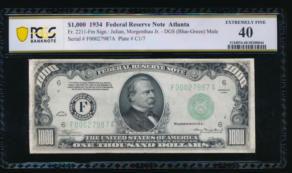 Fr. 2211-F 1934 $1,000  Federal Reserve Note Atlanta PCGS 40 comment F00027987A