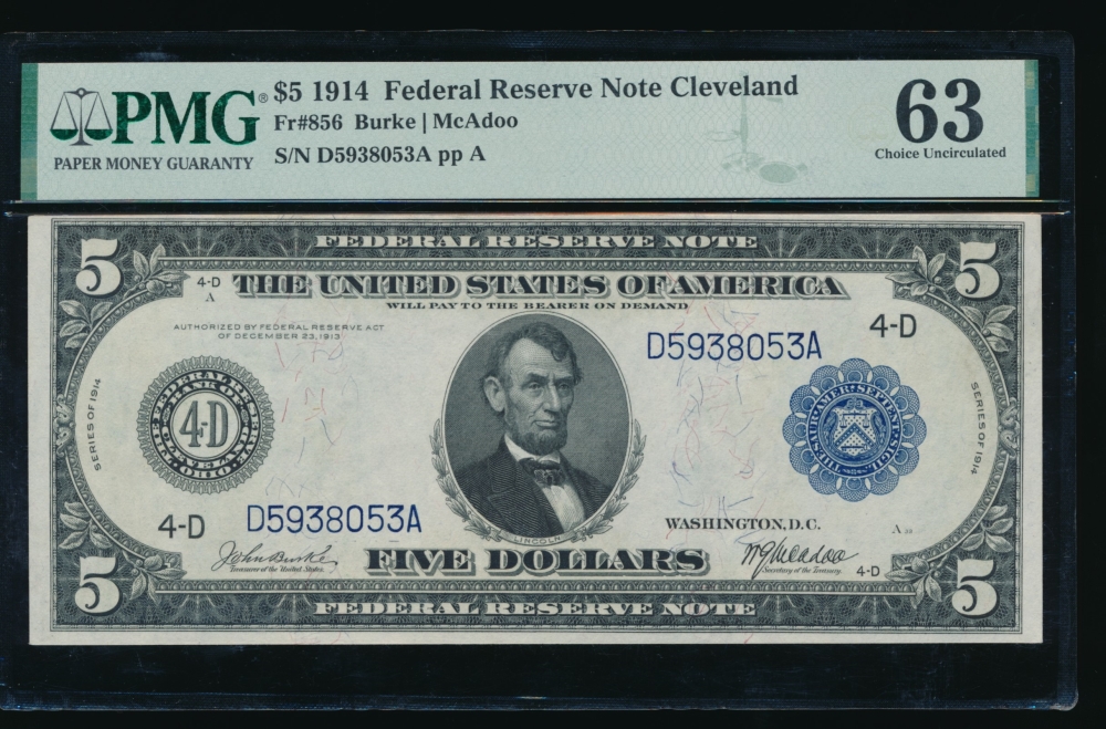 Fr. 856 1914 $5  Federal Reserve Note Cleveland PMG 63 D5938053A