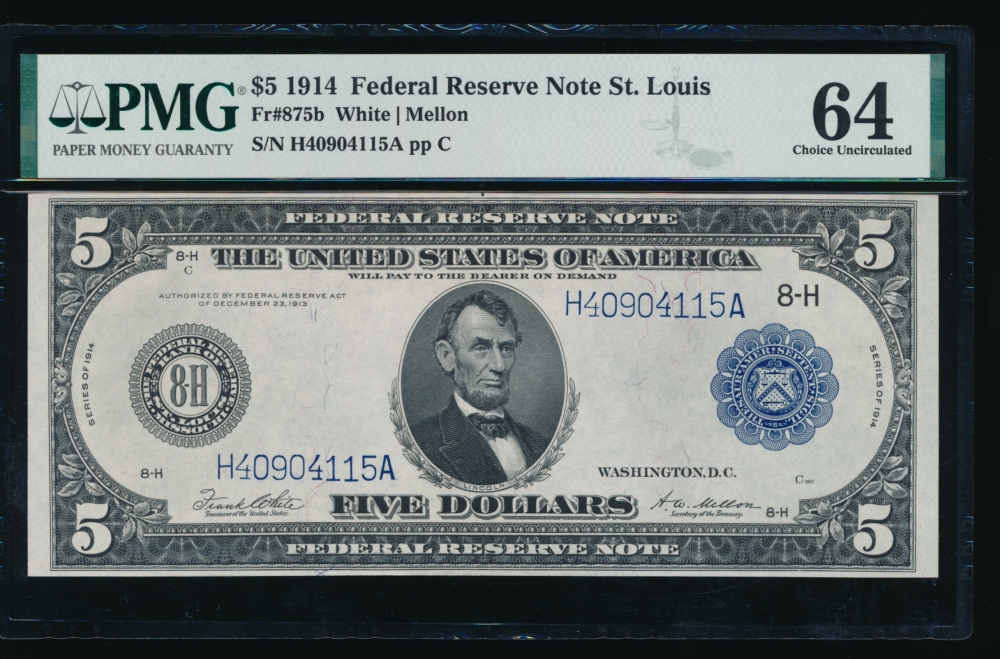 Fr. 875b 1914 $5  Federal Reserve Note St Louis PMG 64 H40904115A