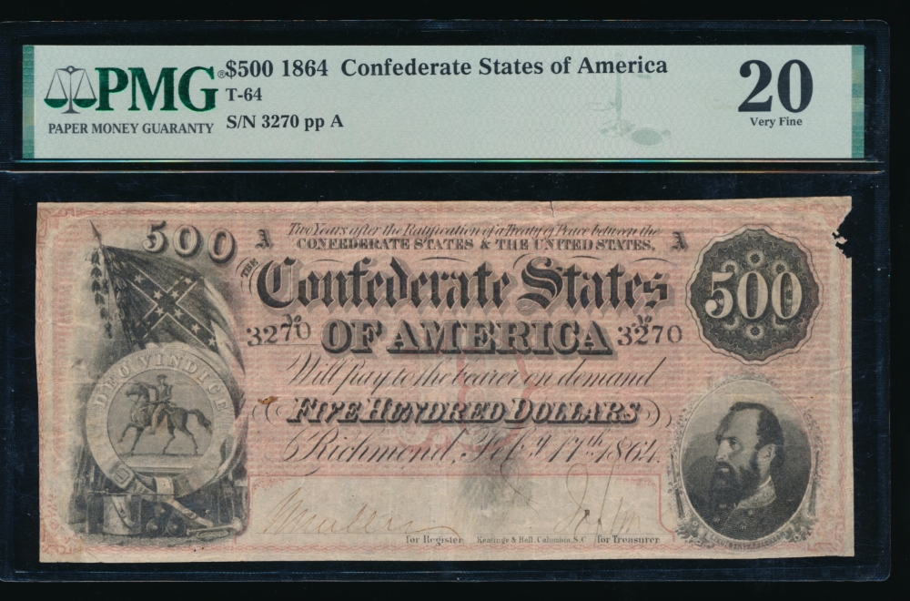 Fr. T-64 1864 $500  Confederate  PMG 20 commeny 3270