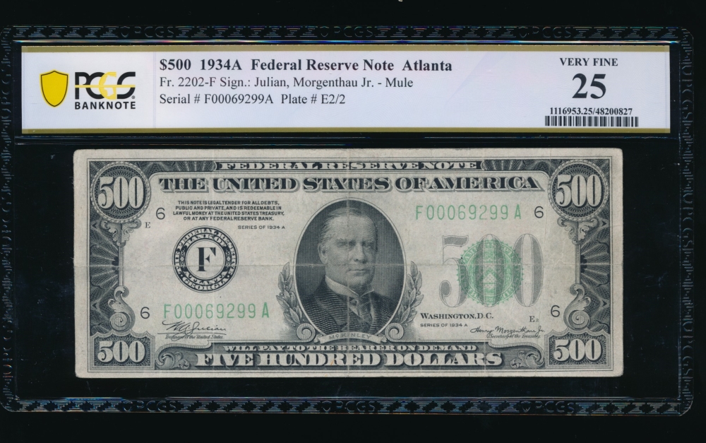 Fr. 2202-F 1934A $500  Federal Reserve Note Atlanta PCGS 25 F00069299A