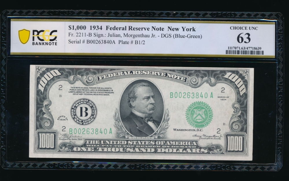 Fr. 2211-B 1934 $1,000  Federal Reserve Note New York PCGS 63 B00263840A