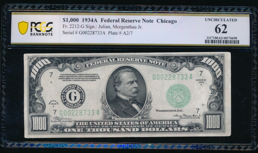 Fr. 2212-G 1934A $1,000  Federal Reserve Note Chicago PCGS 62 comment G00228733A