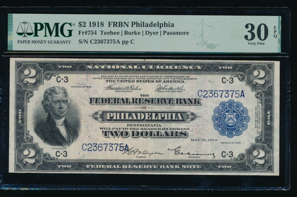 Fr. 754 1918 $2  FRBN Philadelphia PMG 30EPQ C2367375A