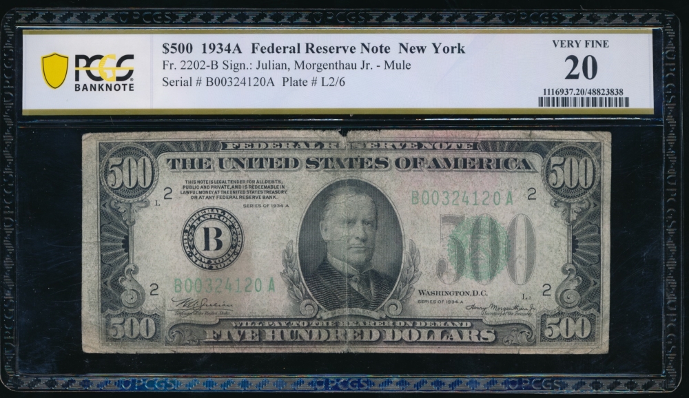 Fr. 2202-B 1934A $500  Federal Reserve Note New York PCGS 20 comment B00324120A