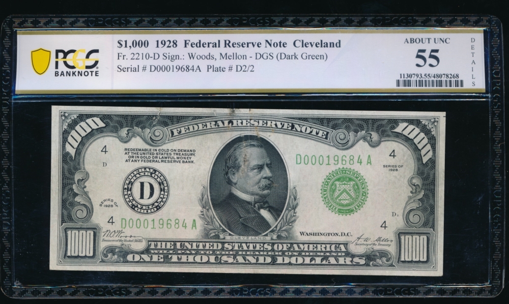 Fr. 2210-D 1928 $1,000  Federal Reserve Note Cleveland PCGS 55 details D00019684A
