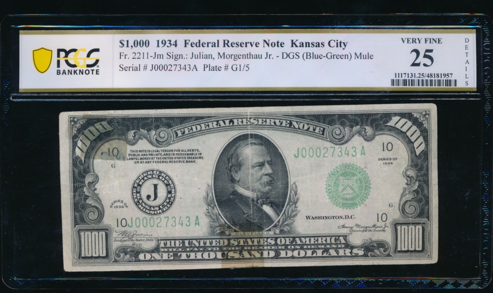 Fr. 2211-J 1934 $1,000  Federal Reserve Note Kansas City PCGS 25 details J00027343A