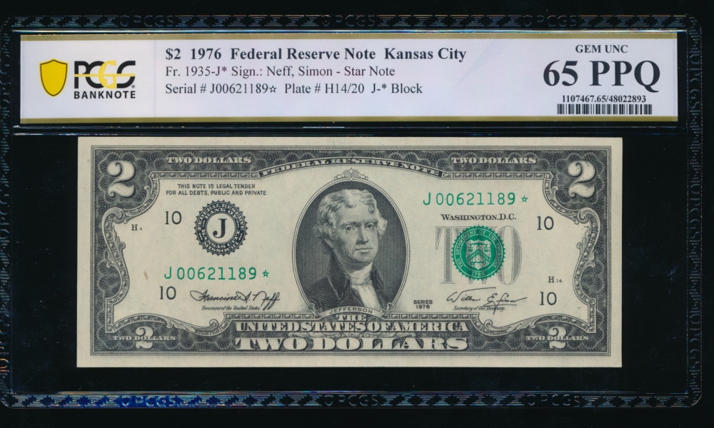 Fr. 1935-J 1976 $2  Federal Reserve Note Kansas City star PCGS 65PPQ J00621189*