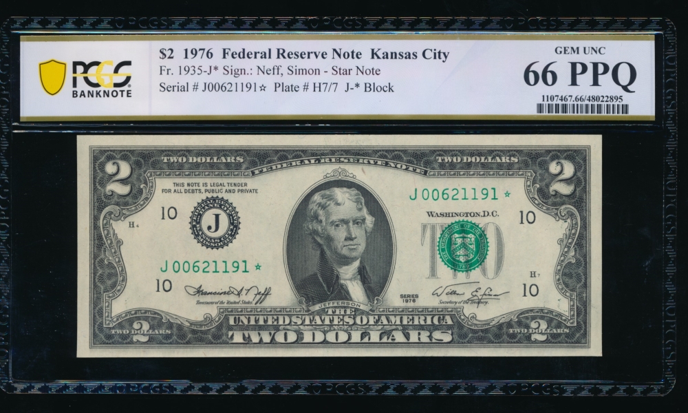 Fr. 1935-J 1976 $2  Federal Reserve Note Kansas City star PCGS 66PPQ J00621191*