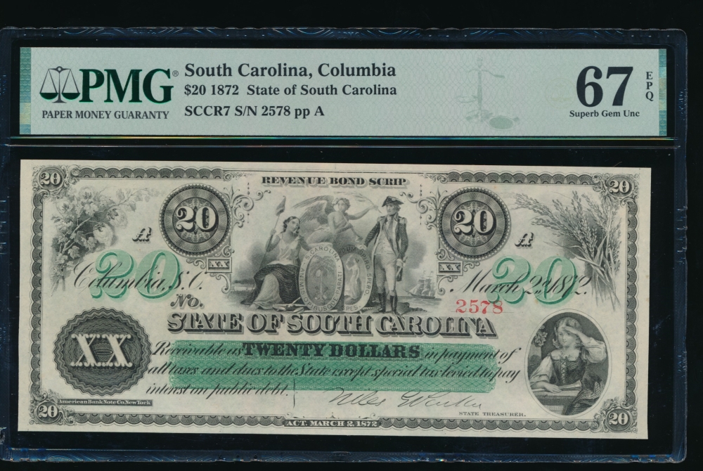 Fr. Cr SC-7 1872 $20  Obsolete State of South Carolina, Columbia, SC PMG 67EPQ 2578