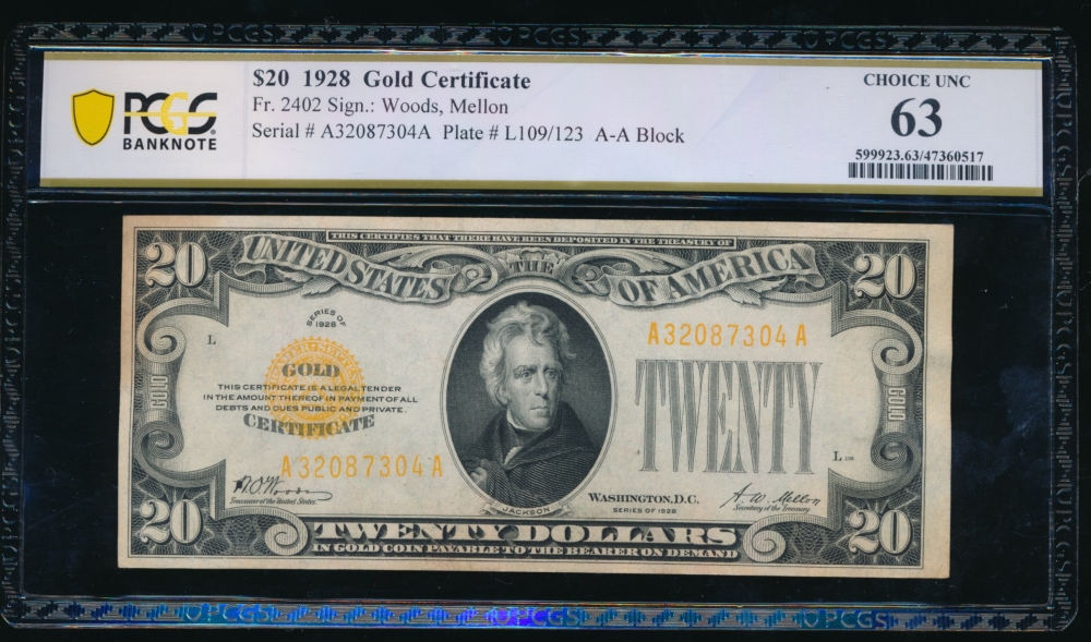 Fr. 2402 1928 $20  Gold Certificate  PCGS 63 comment A32087304A