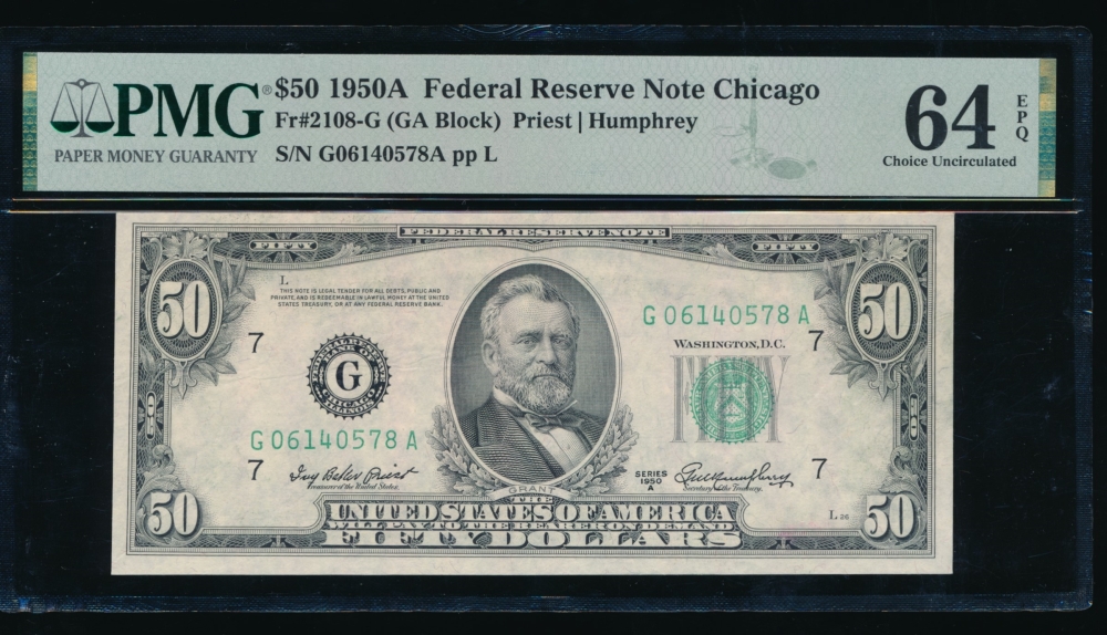 Fr. 2108-G 1950A $50  Federal Reserve Note Chicago PMG 64EPQ G06140578A