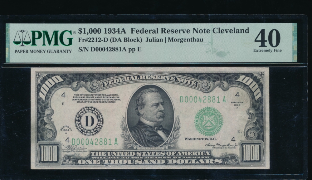 Fr. 2212-D 1934A $1,000  Federal Reserve Note  PMG 40 comment D00042881A