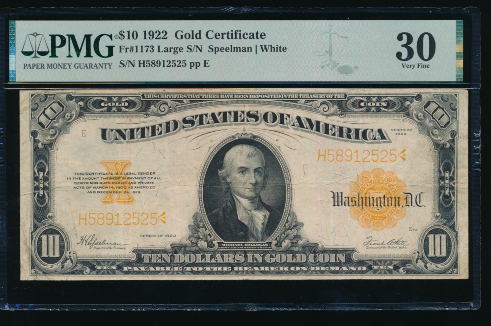 Fr. 1173 1922 $10  Gold Certificate  PMG 30 H58912525