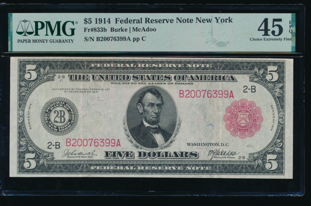Fr. 833b 1914 $5  Federal Reserve Note New York red seal PMG 45EPQ B20076399A
