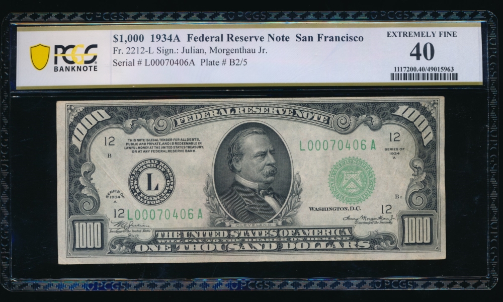 Fr. 2212-L 1934A $1,000  Federal Reserve Note San Francisco PCGS 40 L00070406A
