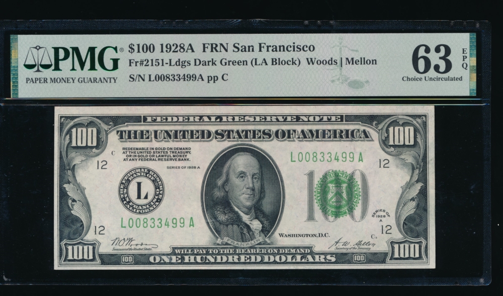 Fr. 2151-L 1928A $100  Federal Reserve Note San Francisco PMG 63EPQ L00833499A