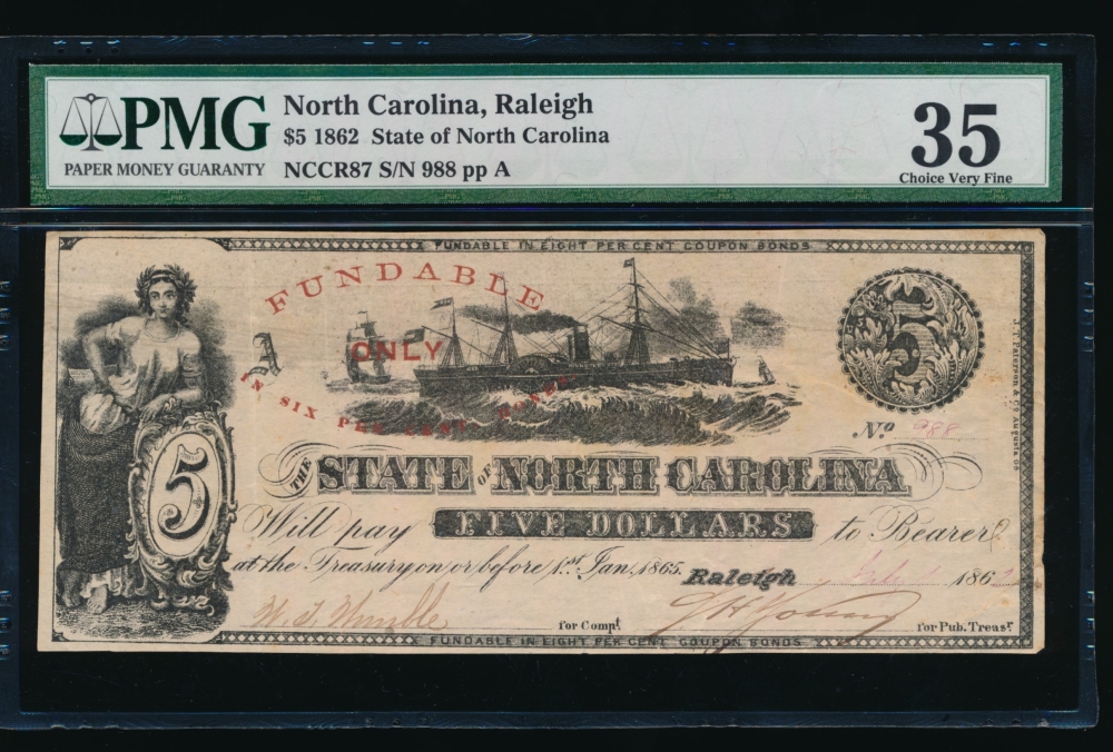 Fr. Cr NC-87 1862 $5  Obsolete State of North Carolina, Raleigh PMG 35 988 A