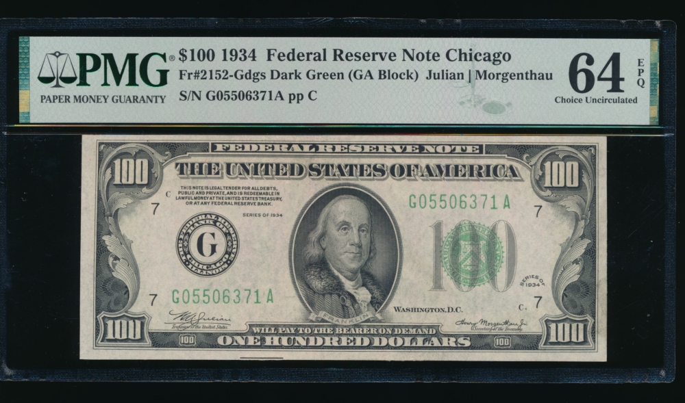 Fr. 2152-G 1934 $100  Federal Reserve Note Chicago PMG 64EPQ G05506371A