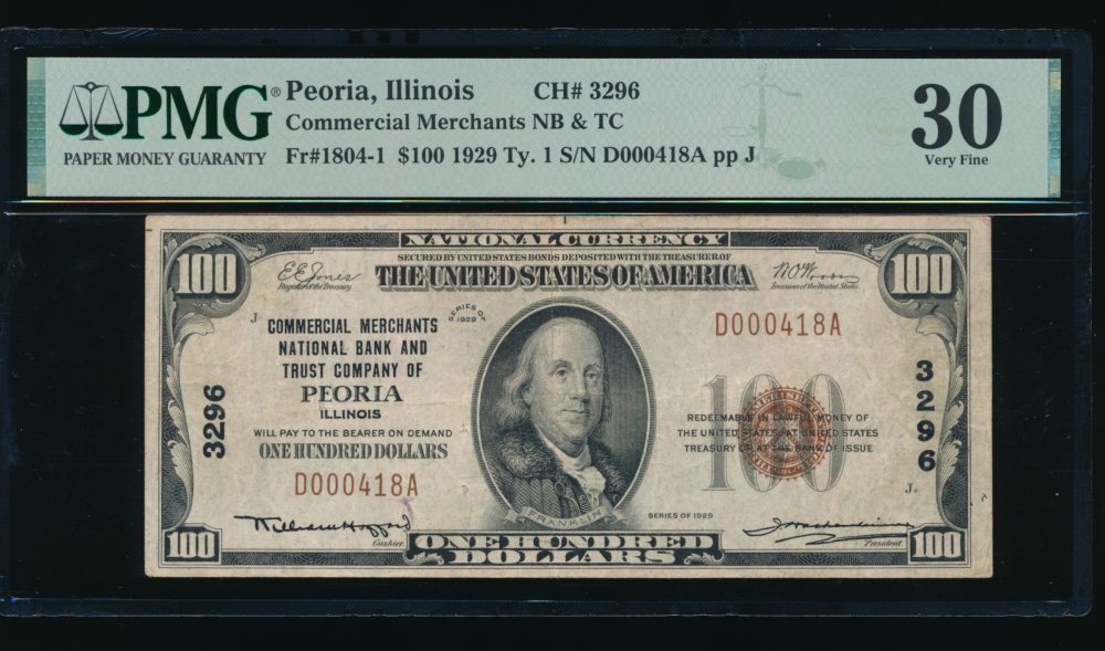 Fr. 1804-1 1929 $100  National: Type I Ch #3296 Commercial Merchants Bank and Trust Company of Peoria, Illinois PMG 30 D000418A