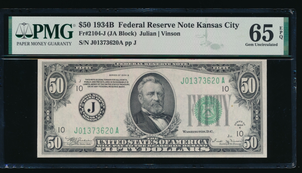 Fr. 2104-J 1934B $50  Federal Reserve Note Kansas City PMG 65EPQ J01373620A