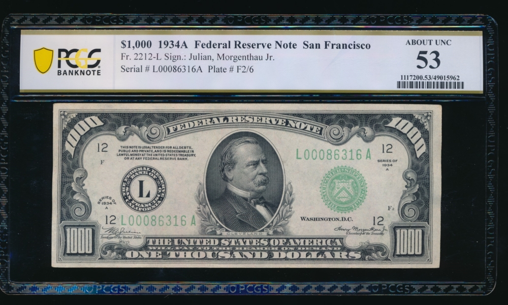 Fr. 2212-L 1934A $1,000  Federal Reserve Note San Francisco PCGS 53 L00086316A