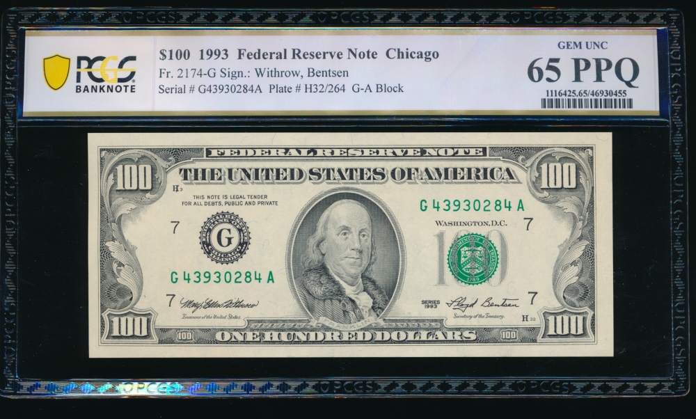 Fr. 2174-G 1993 $100  Federal Reserve Note Chicago PCGS 65PPQ G43930284A