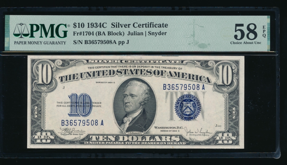 Fr. 1704 1934C $10  Silver Certificate BA block PMG 58EPQ B36579508A