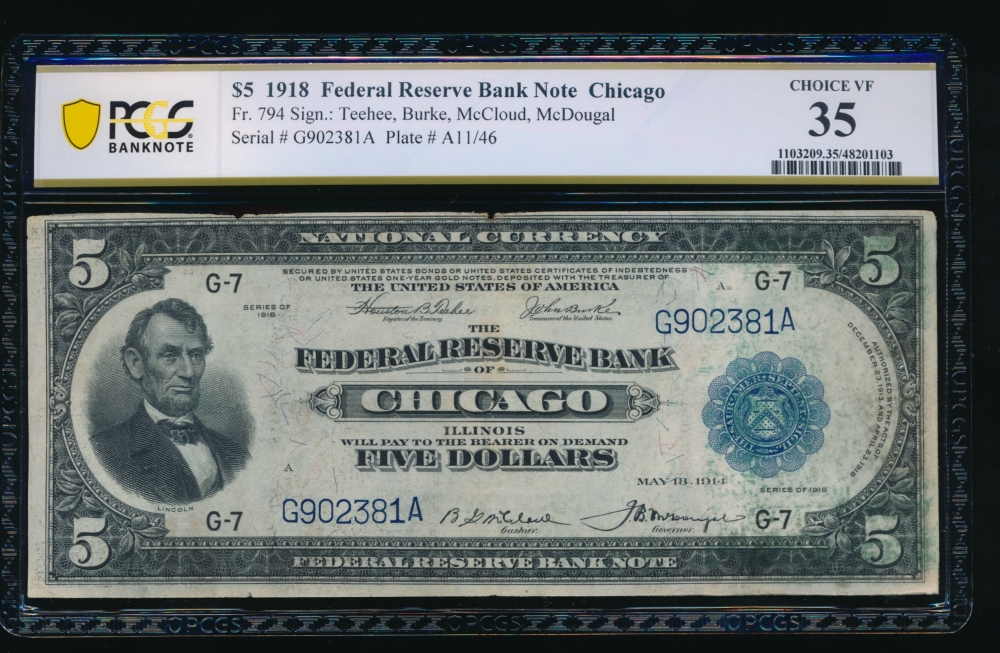 Fr. 794 1918 $5  FRBN Chicago PCGS 35 comment G902381A