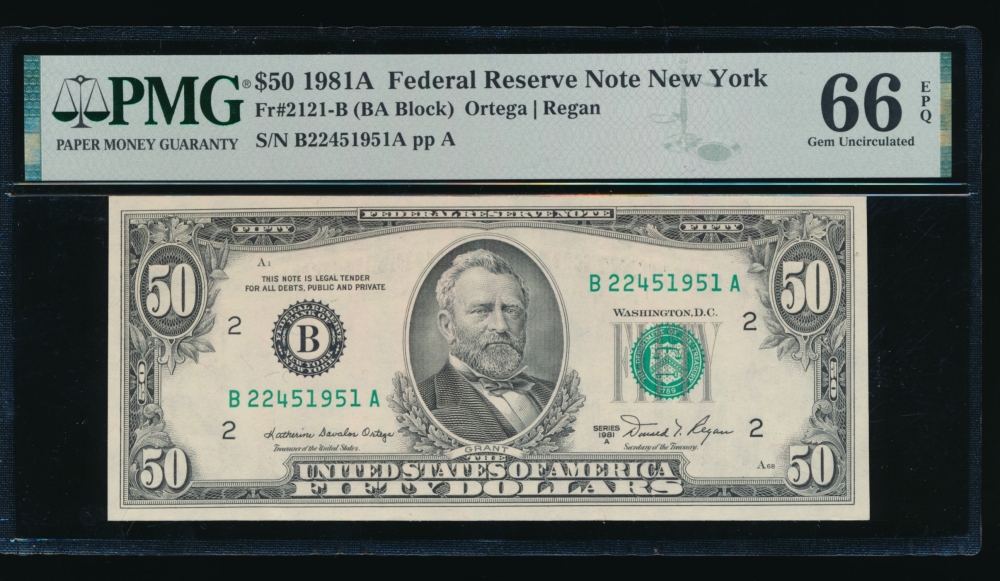 Fr. 2121-B 1981A $50  Federal Reserve Note New York PMG 66EPQ B22451951A