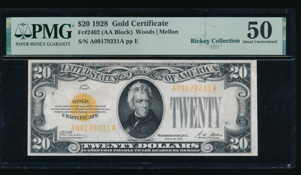 Fr. 2402 1928 $20  Gold Certificate  PMG 50 A09179231A