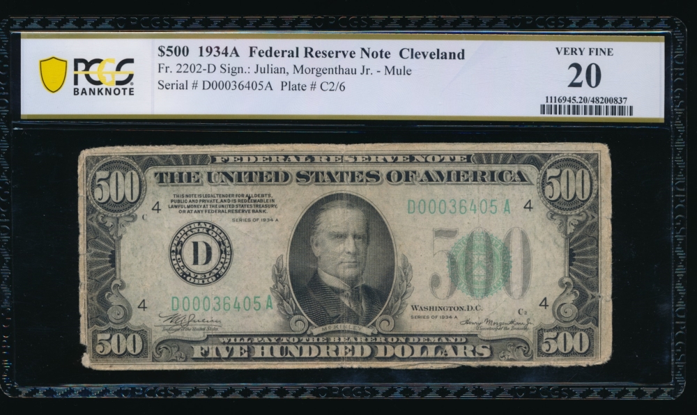 Fr. 2202-D 1934A $500  Federal Reserve Note Cleveland PCGS 20 comment D00036405A