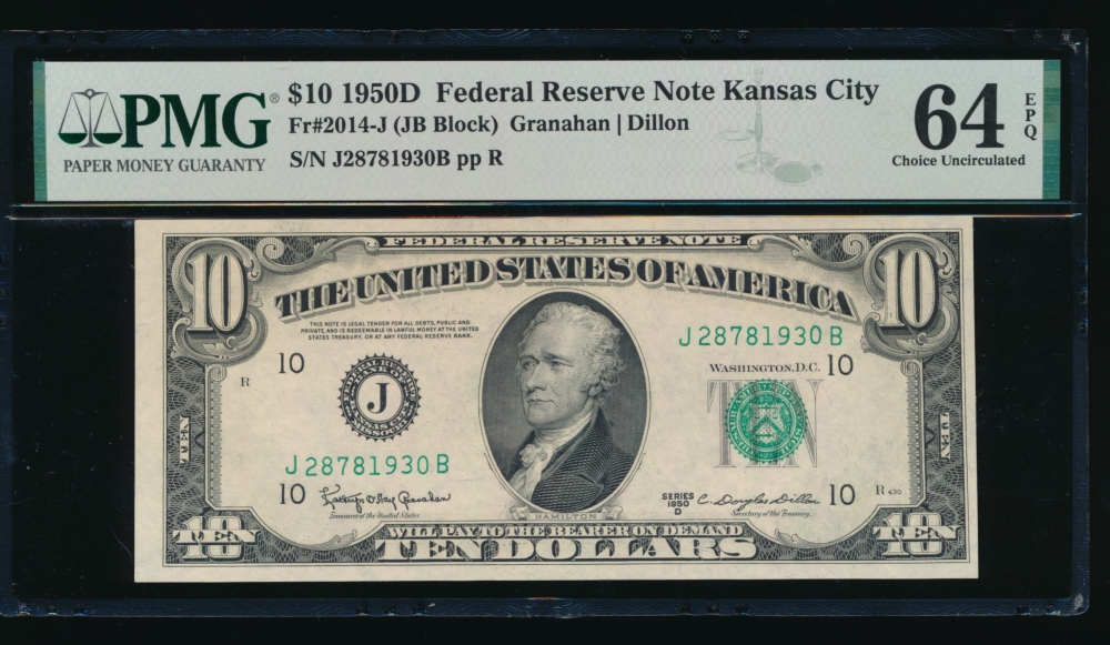 Fr. 2014-J 1950D $10  Federal Reserve Note Kansas City PMG 64EPQ J28781930A
