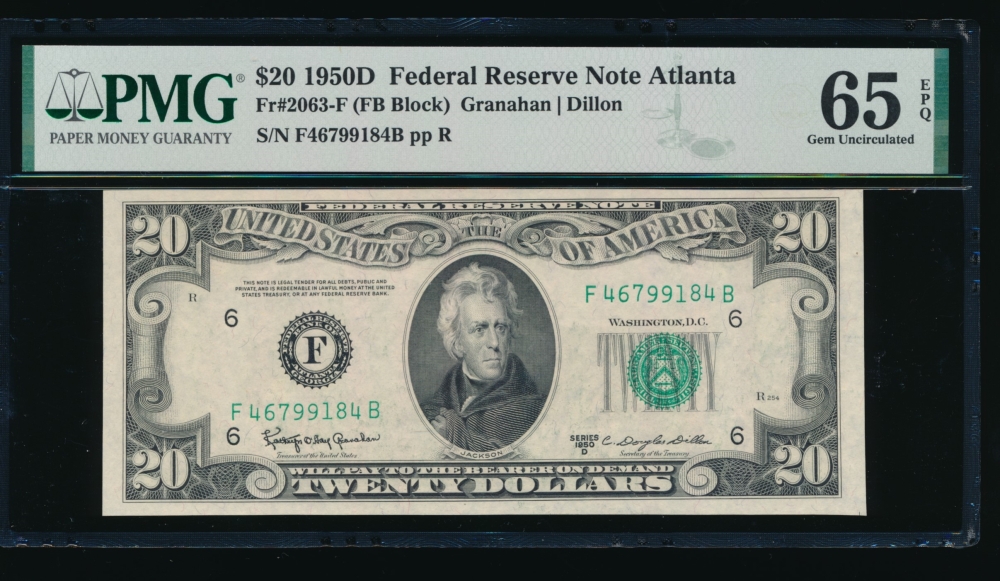 Fr. 2063-F 1950D $20  Federal Reserve Note Atlanta PMG 65EPQ F46799184A