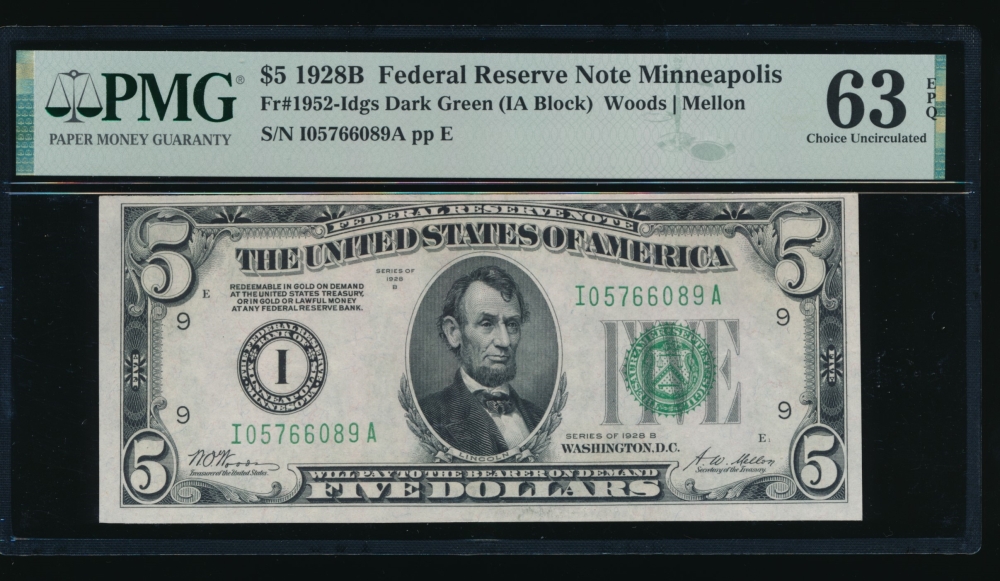 Fr. 1952-I 1928B $5  Federal Reserve Note Minneapolis PMG 63EPQ I05766089A