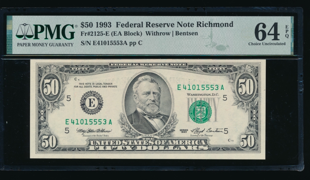 Fr. 2125-E 1993 $50  Federal Reserve Note Richmond PMG 64EPQ E41015553A