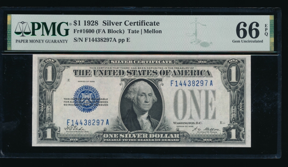 Fr. 1600 1928 $1  Silver Certificate FA block PMG 66EPQ F14438297A