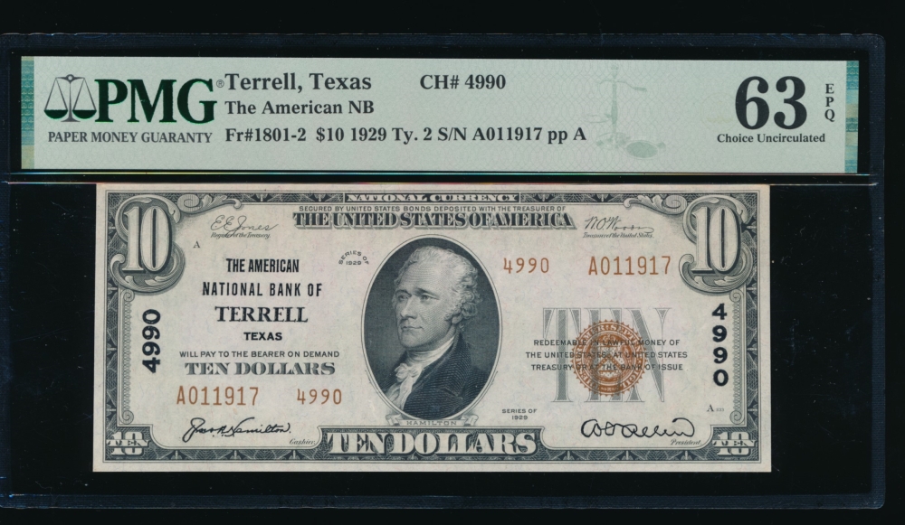 Fr. 1801-2 1929 $10  National: Type II Ch #4990 The American National Bank of Terrell, Texas PMG 63EPQ A011917