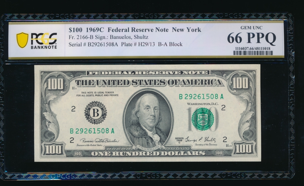 Fr. 2166-B 1969C $100  Federal Reserve Note New York PCGS 66PPQ B27261508A