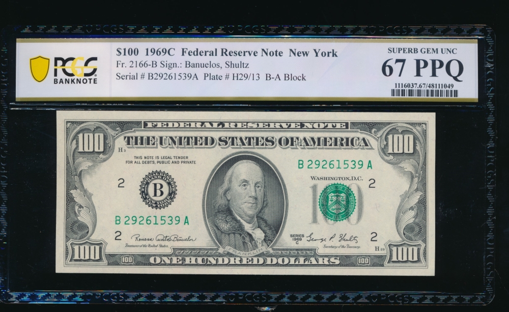 Fr. 2166-B 1969C $100  Federal Reserve Note New York PCGS 67PPQ B27261539A